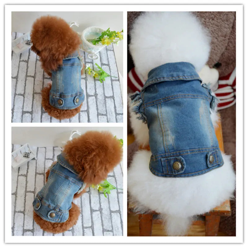 Denim dog vest with retro scratch pattern in dark and light colours for small to medium breeds