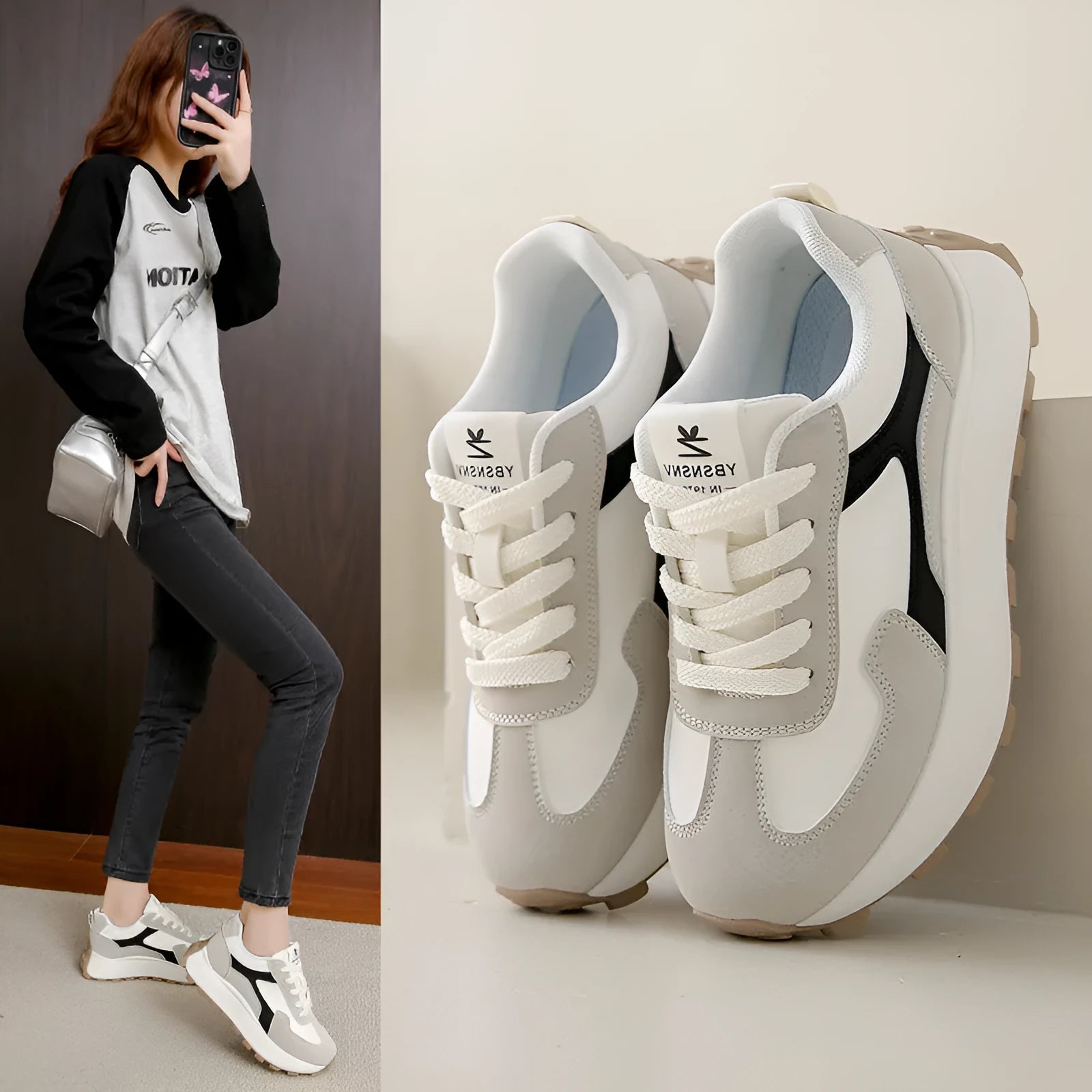 Women's low-top platform sports shoes in solid colours with lace-up front and mesh lining.