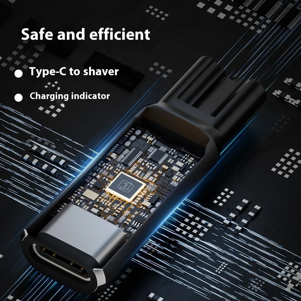 USB-C to 4.3V charging adapter for electric shavers in black or grey aluminium housing