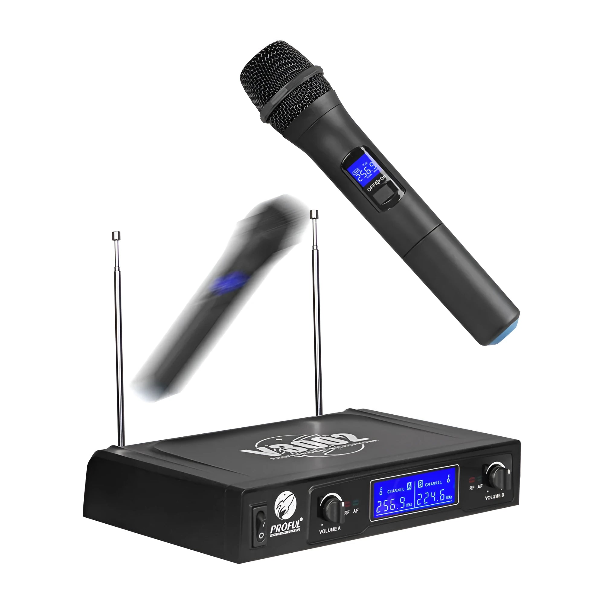 Black V-3002 dual wireless handheld microphone system with transmitter and cables