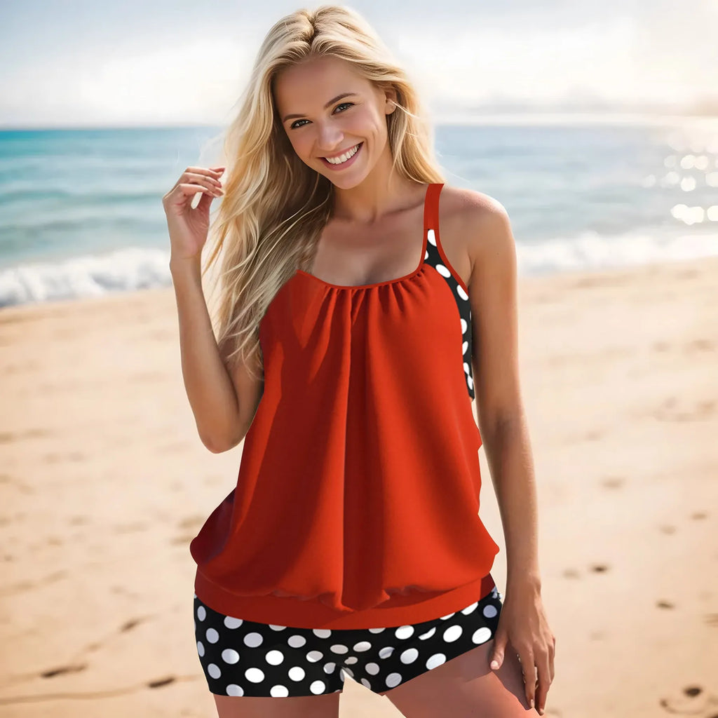 Black women's polka dot swimsuit with high-waist boxer brief bottoms.