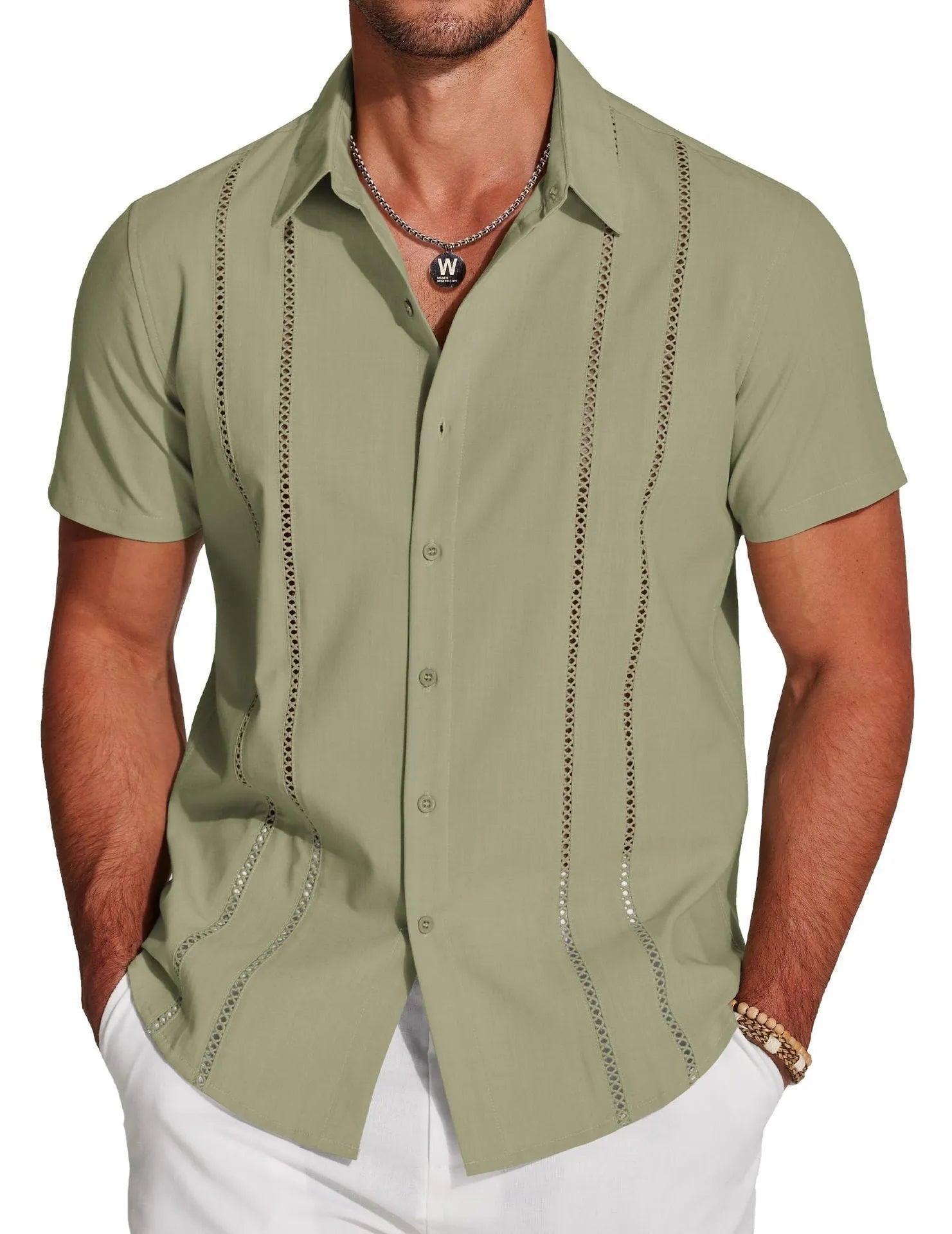 Men's slim fit short sleeve Hawaiian shirt with digital print pattern in stretch polyester fabric.