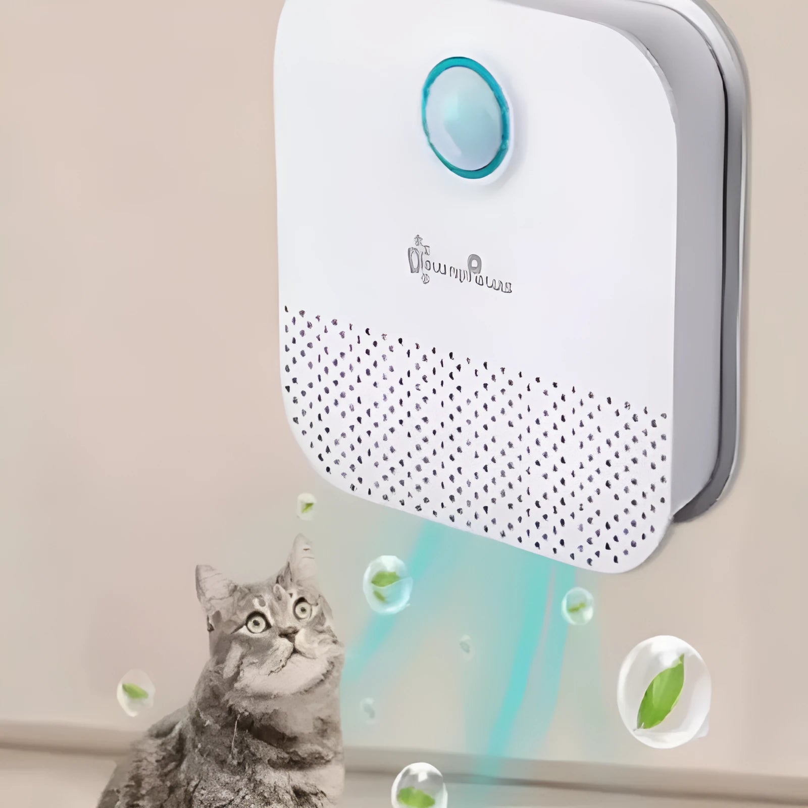 White DownyPaws cat litter odour purifier showing compact 9.2cm square design with USB charging port
