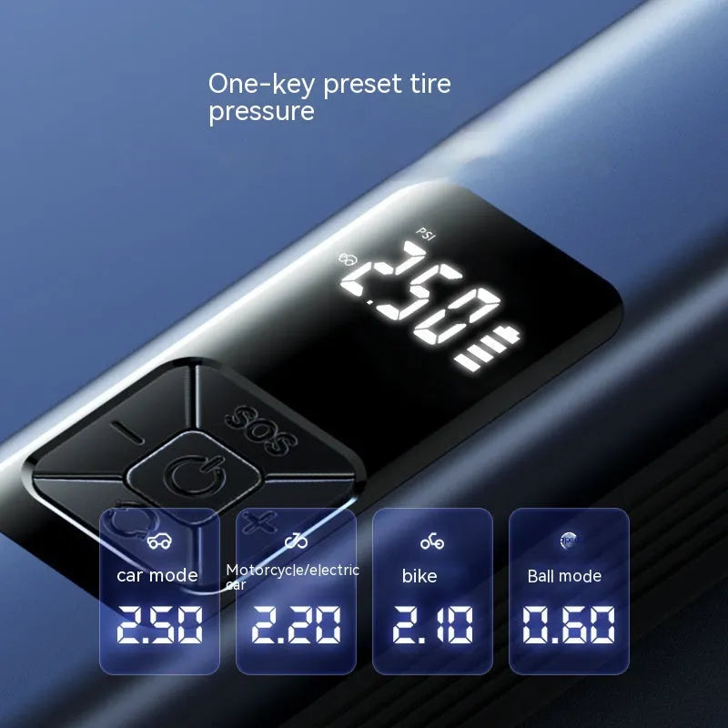 Wireless digital display car air pump and vacuum cleaner with accessories on a grey background.