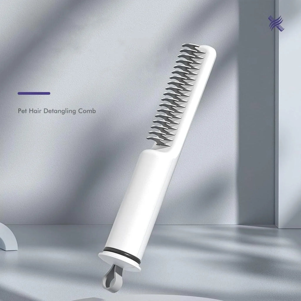 Stainless steel dog dematting comb with a handle, shown in pink and white colour options.