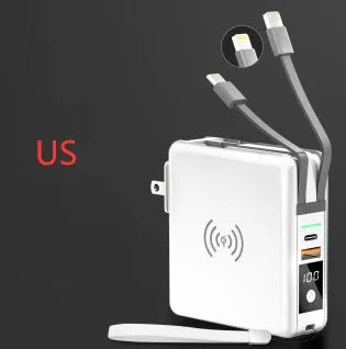 Black and white Super QI wireless charging power bank with integrated plug and international adaptors.