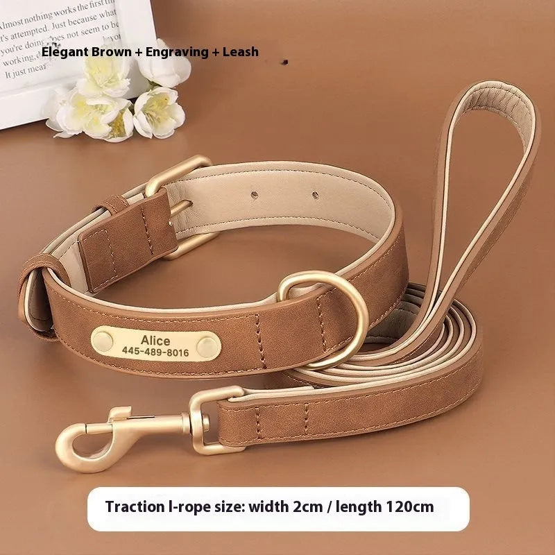 Double-layer leather dog collar with mohair lining and attached traction rope in blue colour