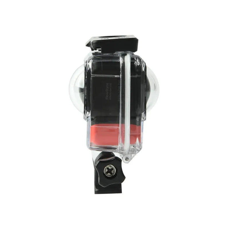 Transparent waterproof case for Insta360 One RS panoramic camera with dimensions showing