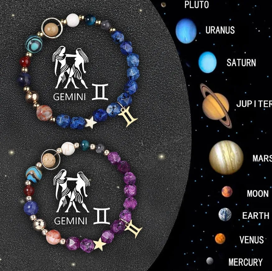 Set of twelve natural stone beaded bracelets showing different zodiac sign designs on elastic cords