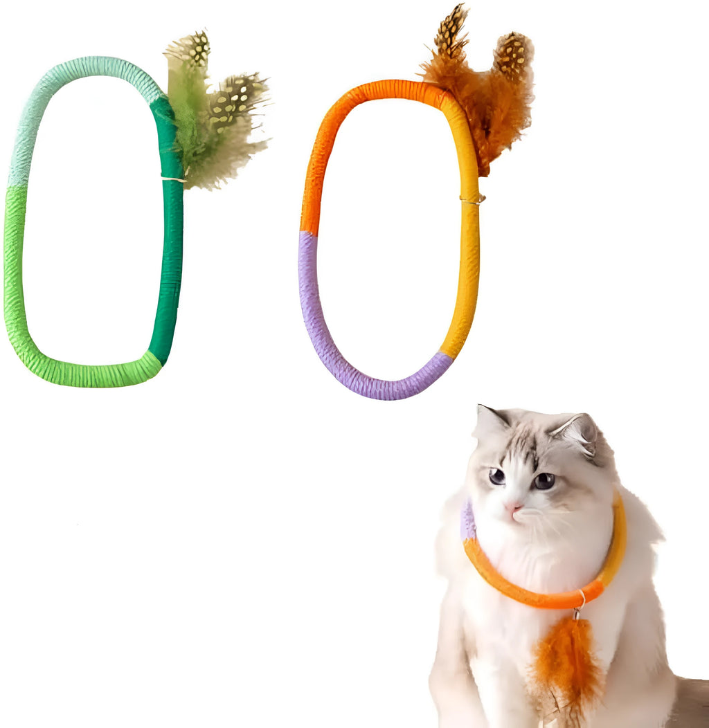 Green circular cotton rope cat toy with white feathers attached for interactive feline play