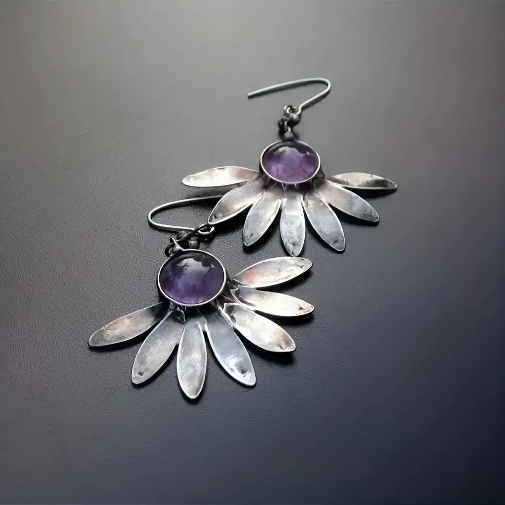 Purple resin gemstone bohemian earrings with floral design and animal zodiac elements on alloy metal