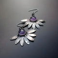 Purple resin gemstone bohemian earrings with floral design and animal zodiac elements on alloy metal