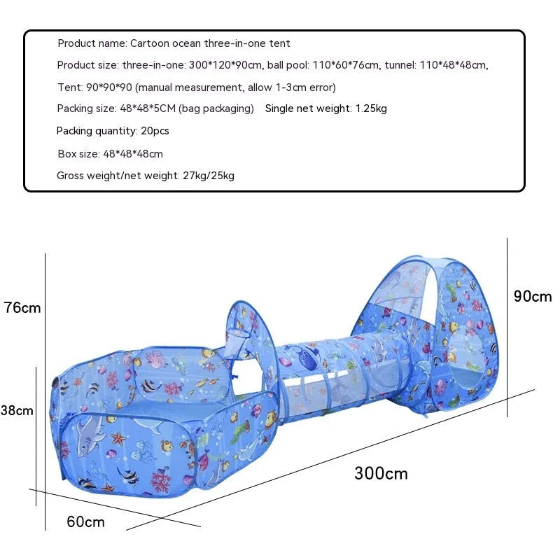 Marine cartoon themed three-in-one children's play tent set with ball pool and tunnel