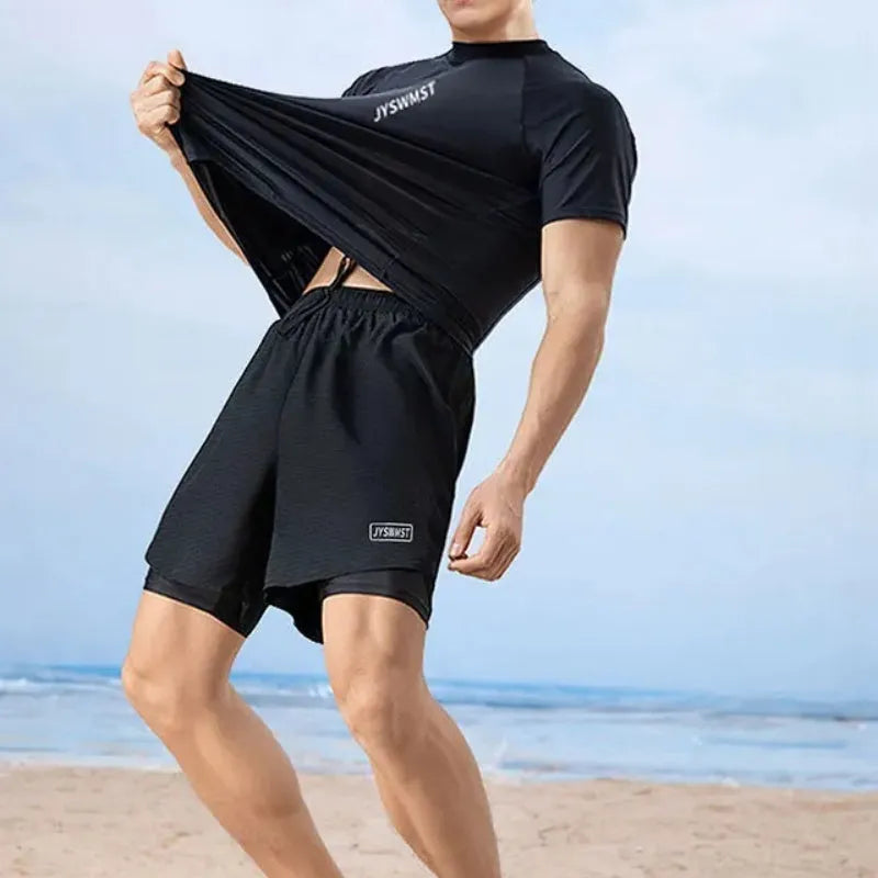 Men's plus size two-piece polyester swimwear set with patterned top and trunks in sizes M to 4XL