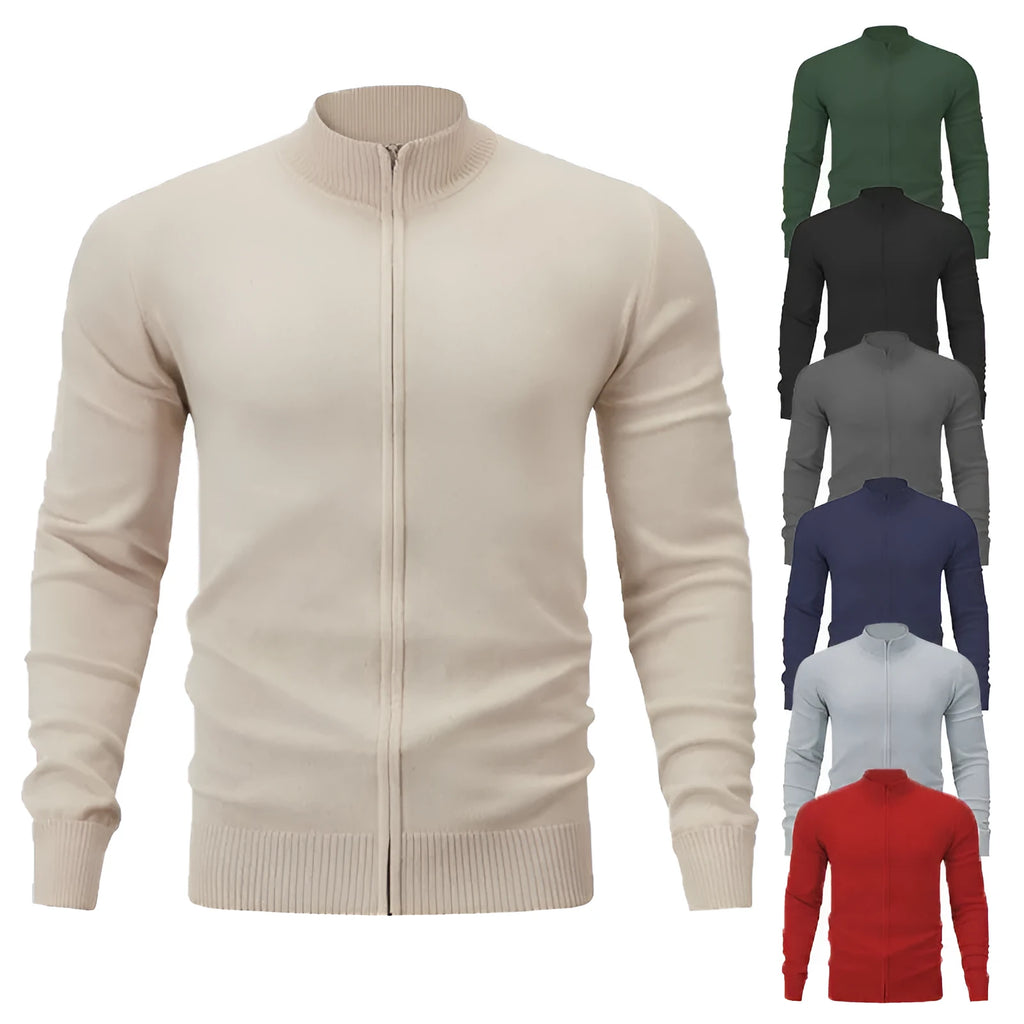 Man wearing a zip-front cotton cardigan in a solid colour, showcasing the stand collar and loose fit.