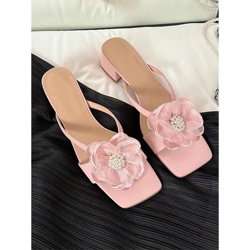 Women's chunky heel sandals with satin square toe and ankle strap in cream white.