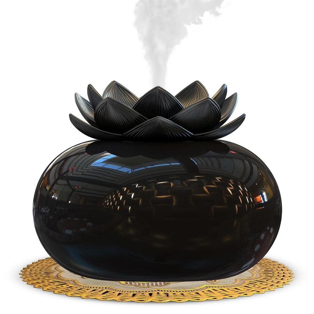 Pure black USB aromatherapy humidifier with ceramic lotus flower design on round base