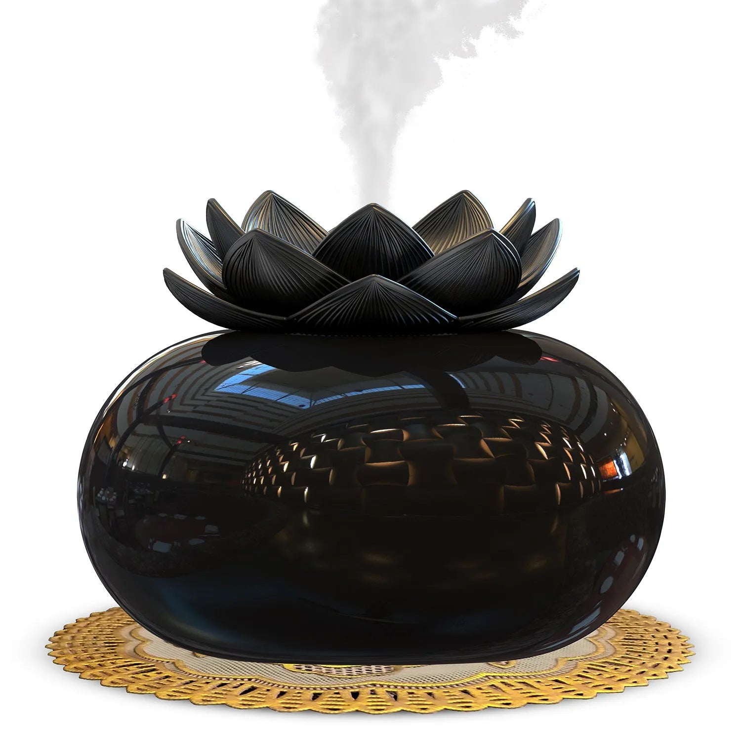 Pure black USB aromatherapy humidifier with ceramic lotus flower design on round base