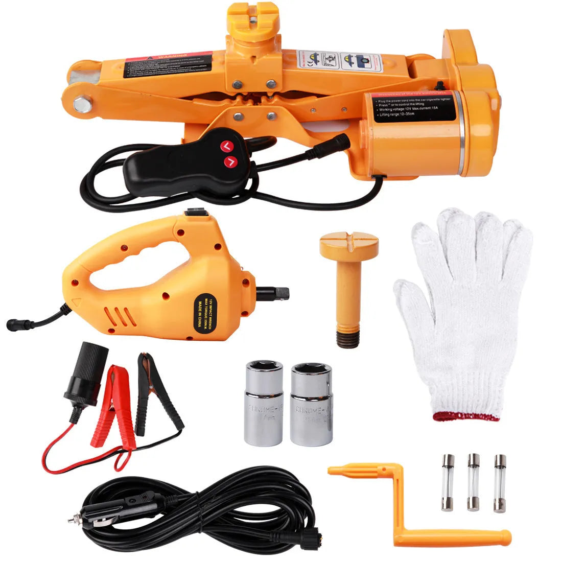 Yellow electric car jack set with powered wrench for tyre changes and vehicle lifting