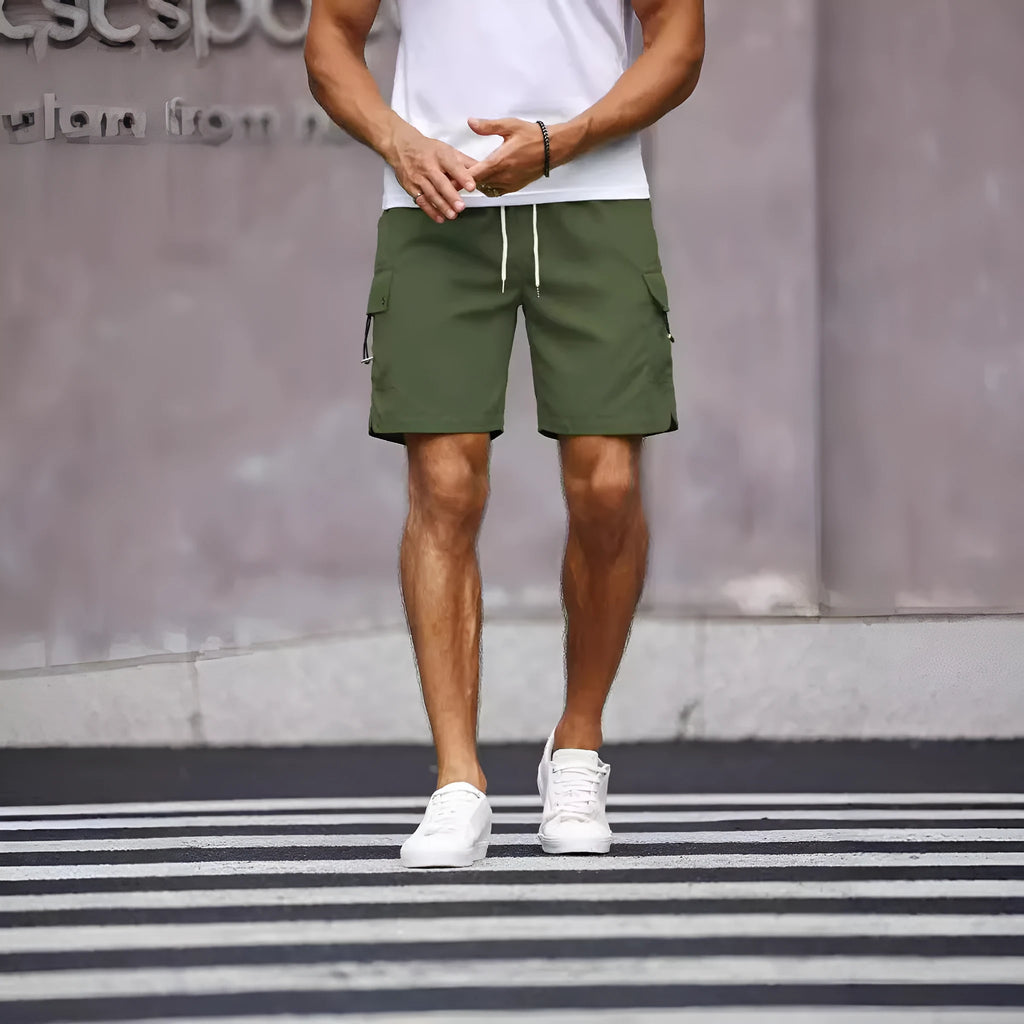 Men's loose fit work shorts in fluorescent green and army green colours with straight leg design