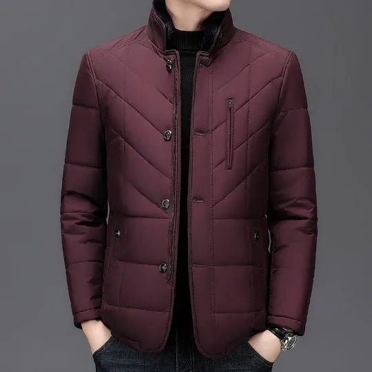 Men's winter short coat in dark blue with cotton-padded insulation and side pockets