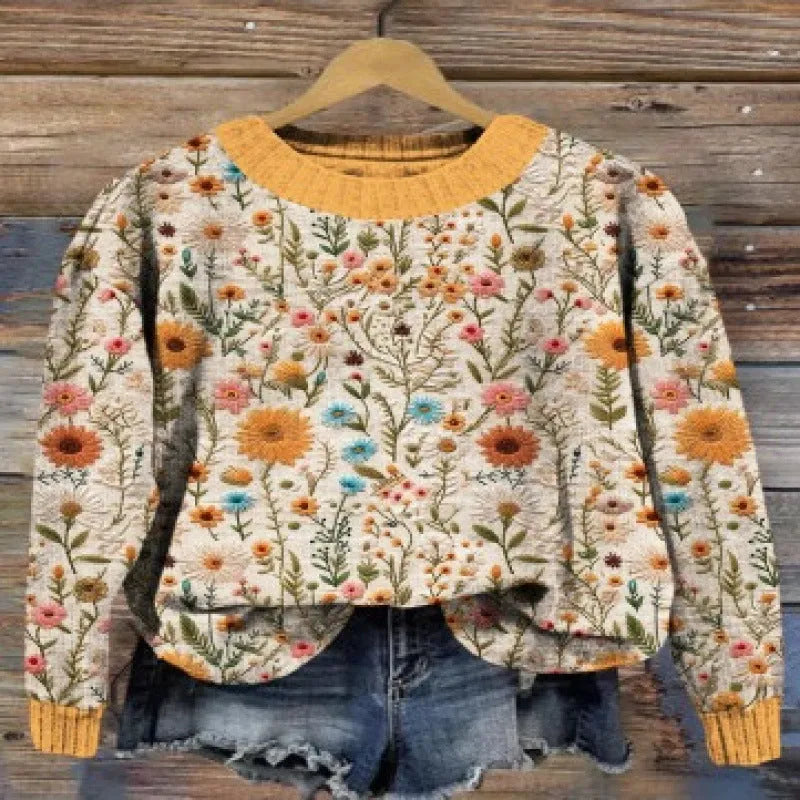 Women's round neck sweater featuring a digital printed little flower pattern in various colours.
