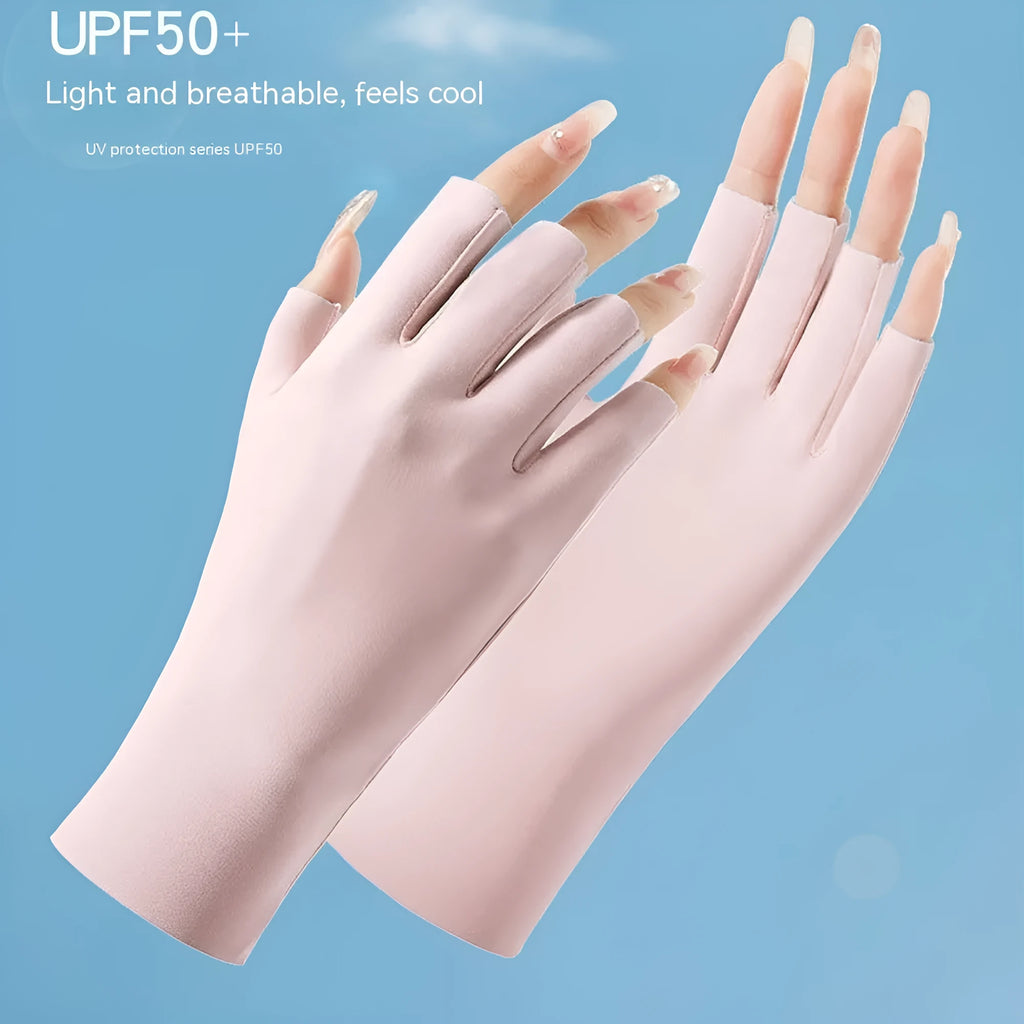 Women's thin ice silk nylon sunscreen gloves with UPF50+ protection in various colours.