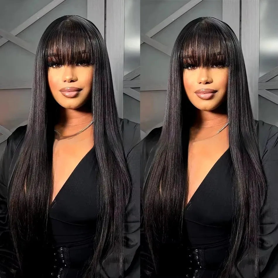 A natural colour human hair straight fringe wig with full-mechanism headgear on a stand.