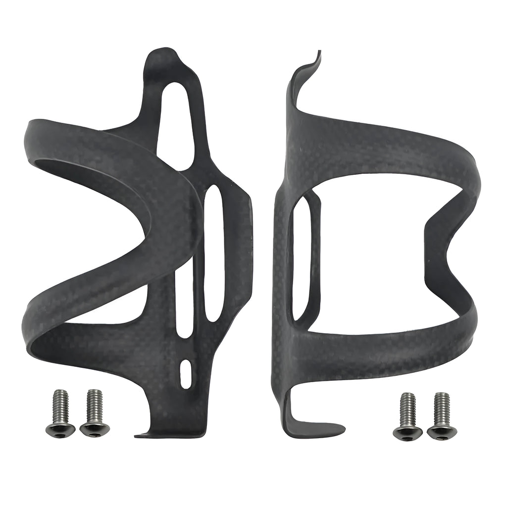 Black carbon fibre side pull bicycle water bottle cage showing mounting holes and bottle retention shape