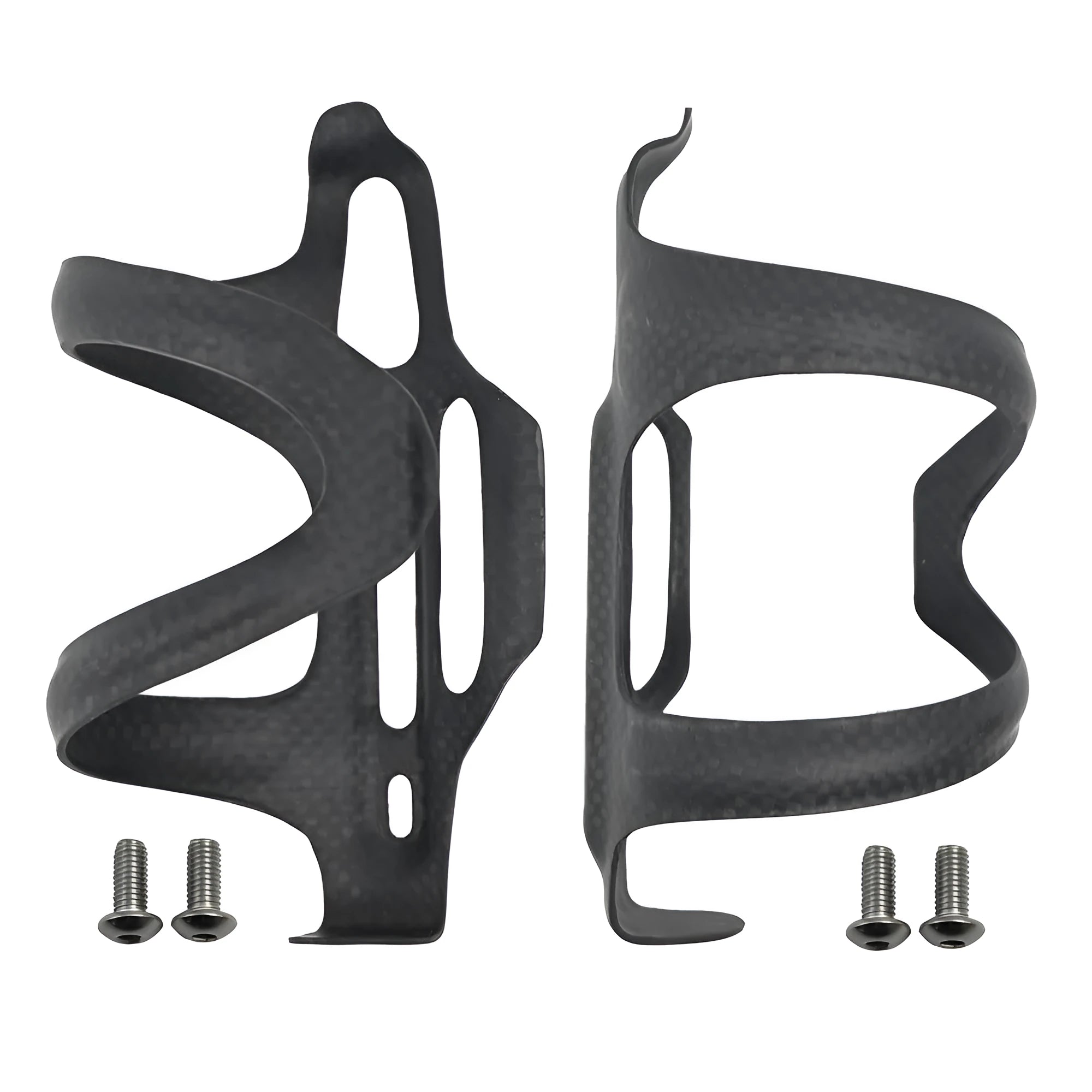 Black carbon fibre side pull bicycle water bottle cage showing mounting holes and bottle retention shape