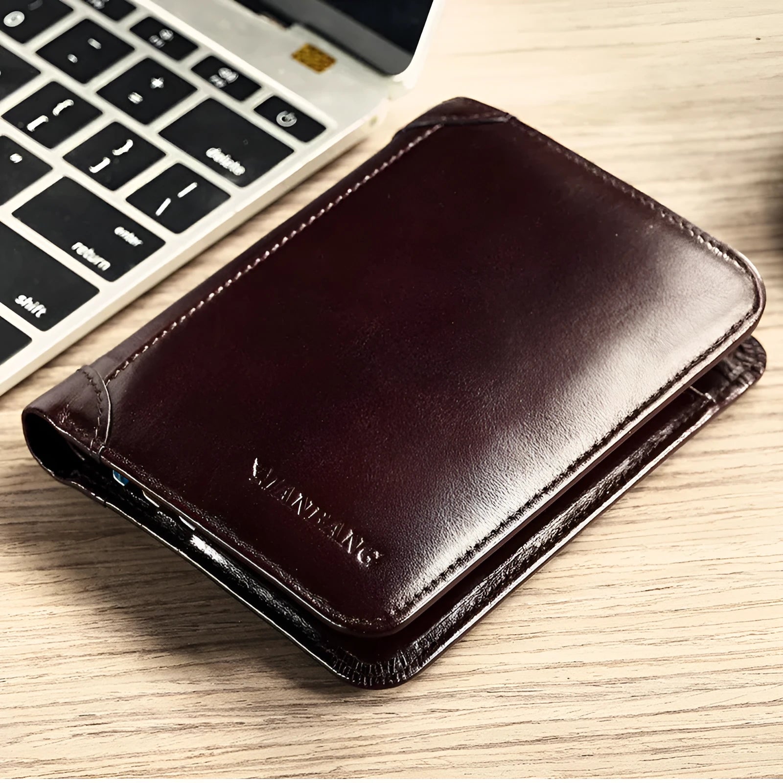 Men's leather wallet showing multiple internal compartments including card slots, coin pocket and photo window