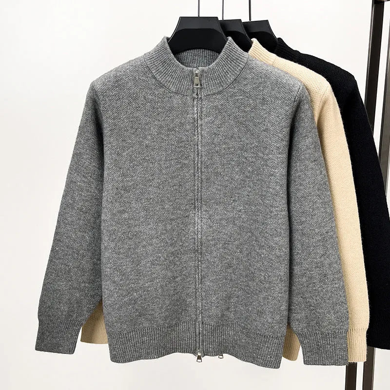 Men's high-neck zip-front cardigan in loose fit knitted fabric, shown in beige colour