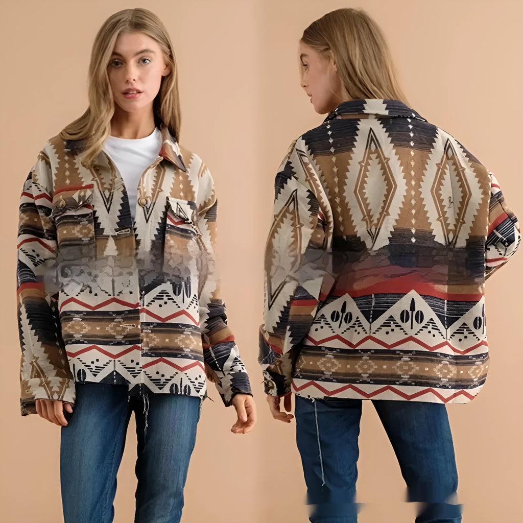 Women's loose retro-style wool coat with Aztec print in army green, shown from the front.