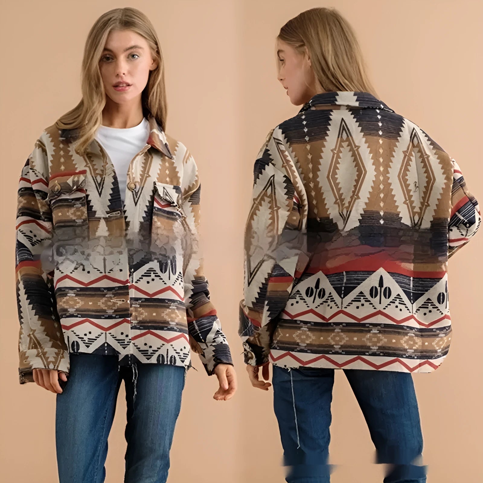 Women's loose retro-style wool coat with Aztec print in army green, shown from the front.