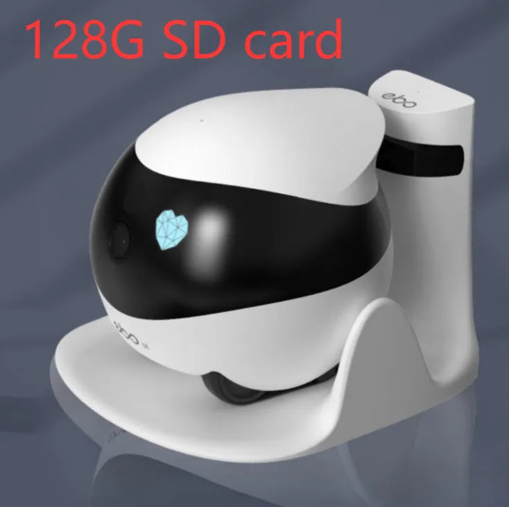 White mobile surveillance robot camera with automatic docking station on wooden floor