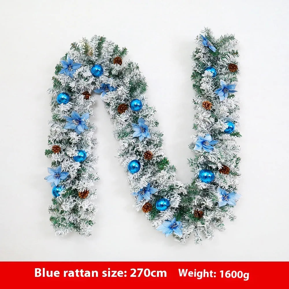 Christmas rattan garland with white flocking in a choice of five colours: golden, blue, silver, pink, and red.