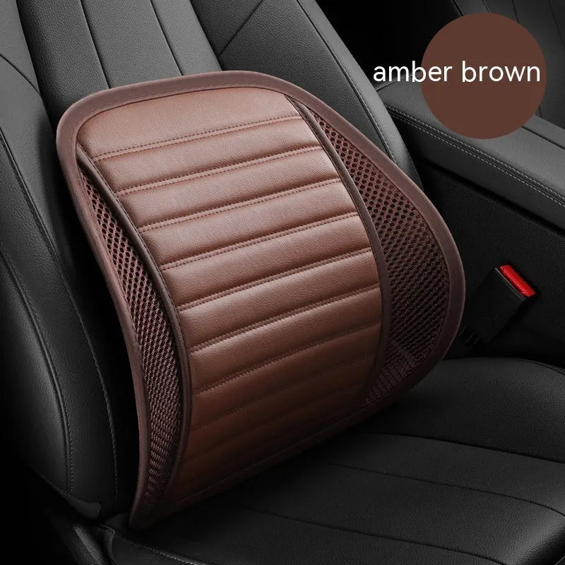 Leather lumbar support cushion shown in sapphire blue colour for car seats and chairs