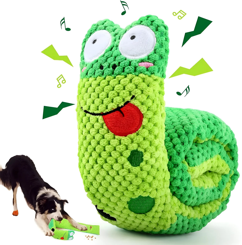 Transformable dog puzzle toy in snail shape with thick velvet material and hidden food holes