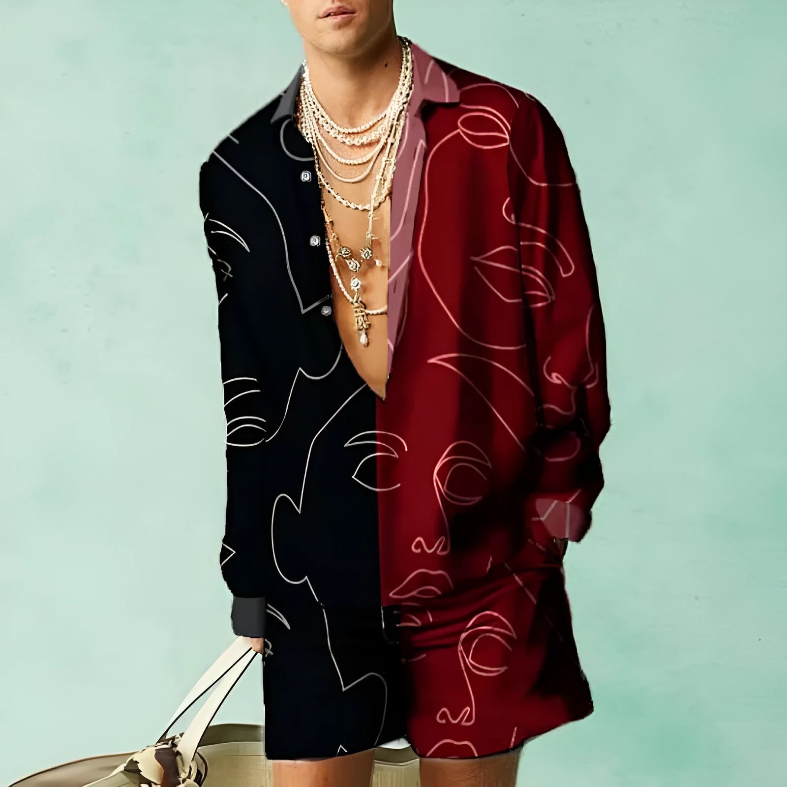 Men's loose fit slim style long sleeve shirt and matching shorts set on a hanger.