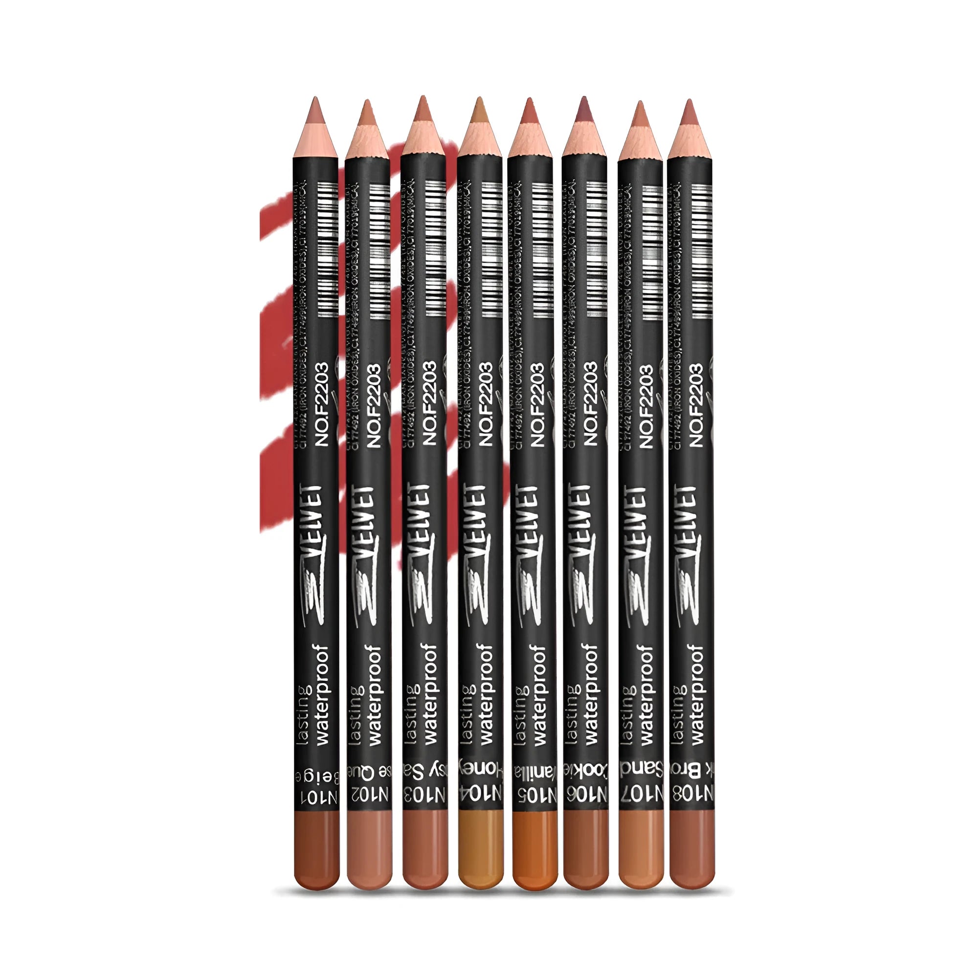 24-hour matte finish lip liner pencil in a range of wood tone shades on a white background.