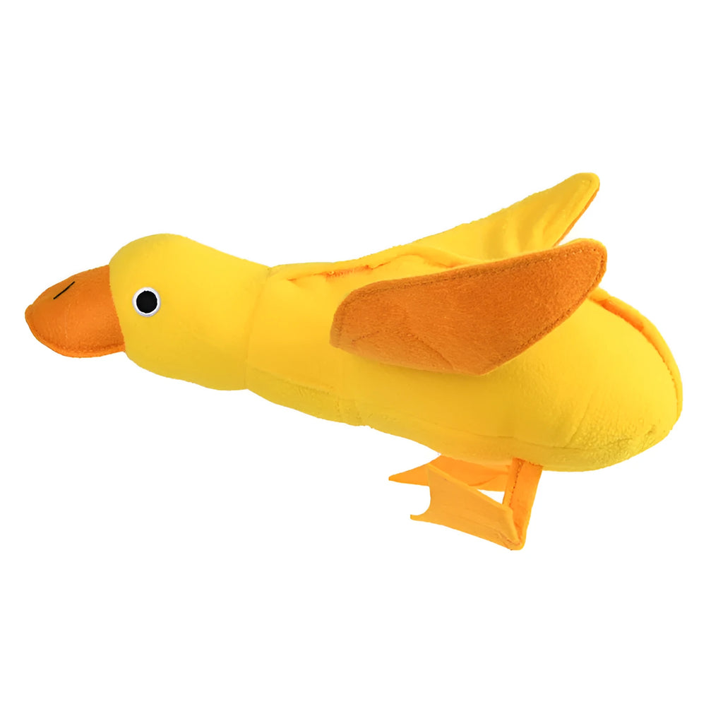 Yellow plush duck dog toy with treat compartments and squeaker for training