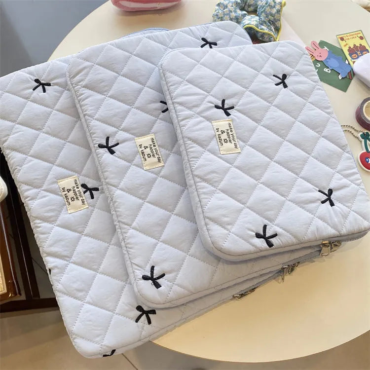 Cute rhombus embroidered bow nylon laptop storage bag in multiple colours and sizes