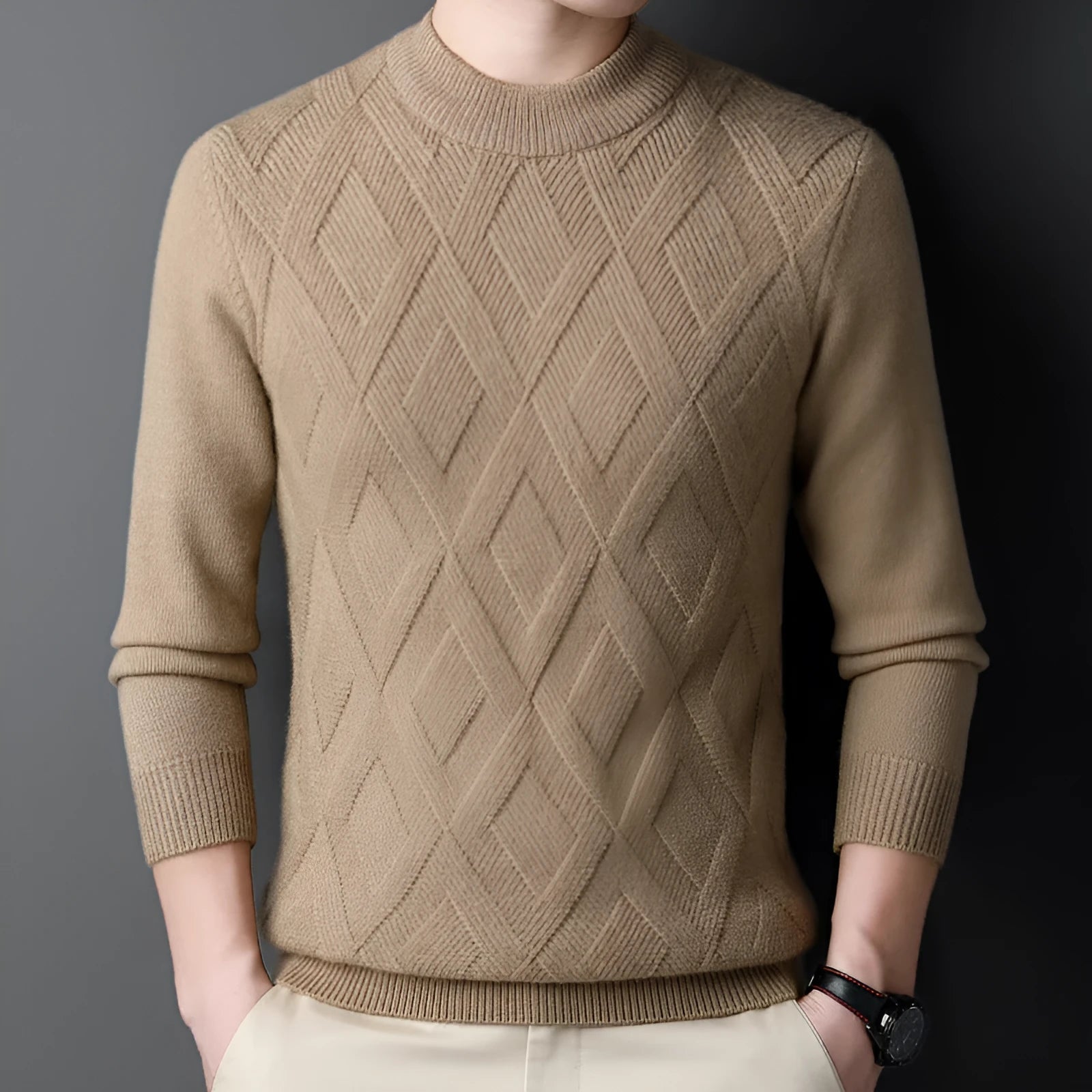 Men's winter thermal plus size sweater in wool blend with diamond jacquard texture