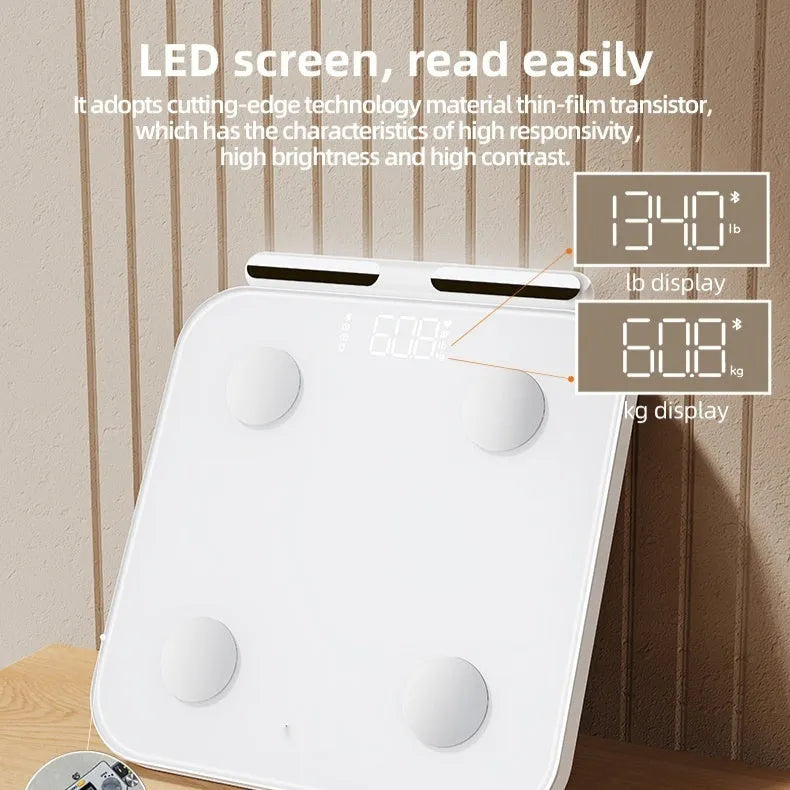 White professional body fat scale with 8 electrodes and tempered glass platform, showing LED display.