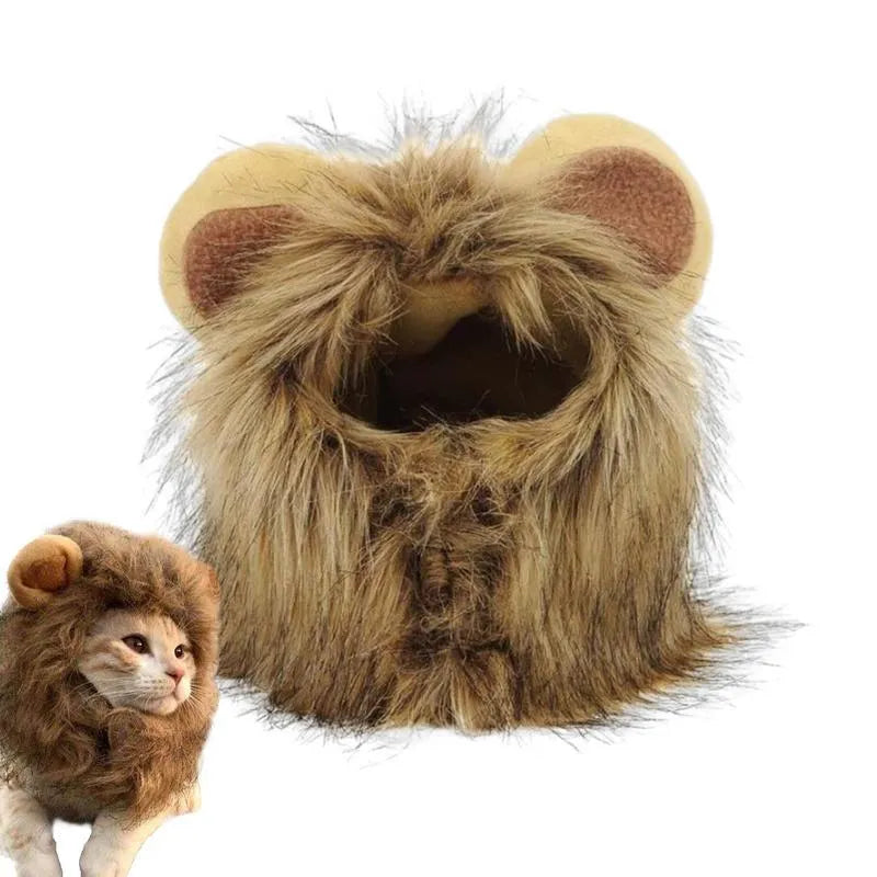 Lion mane wig for cats and small dogs made of plush artificial fur with an adjustable elastic headband.