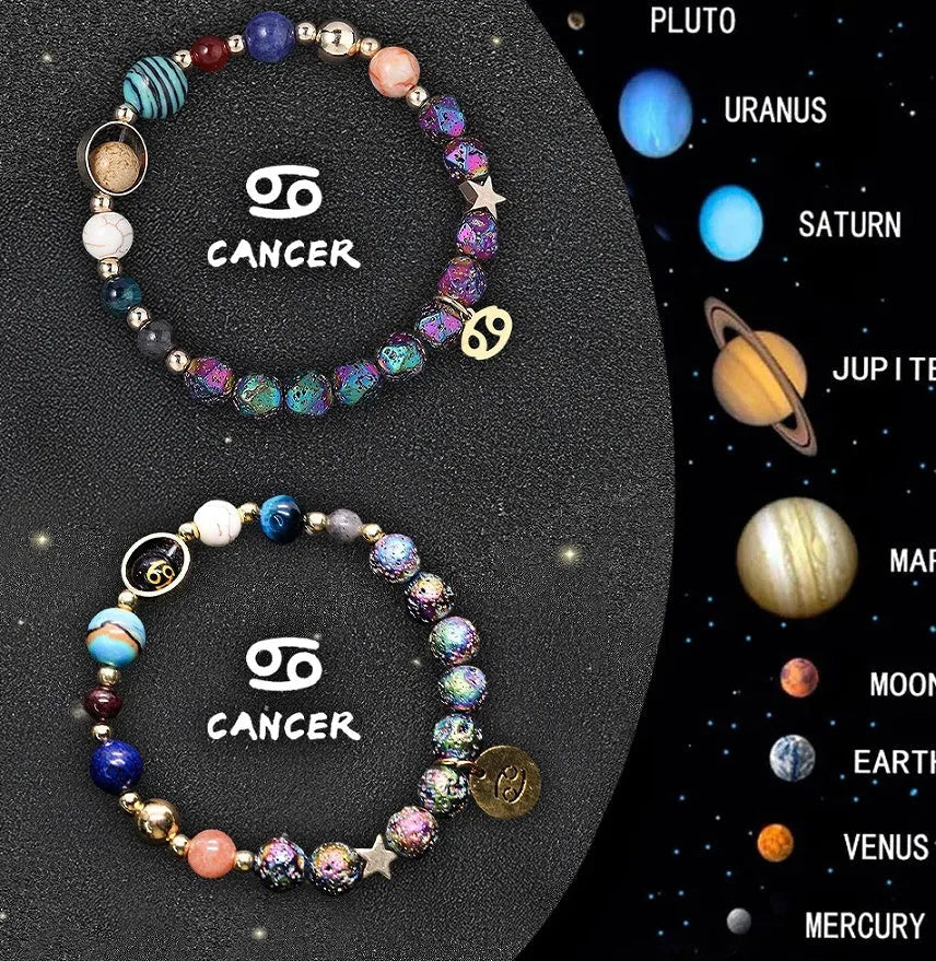 Two natural stone zodiac bracelets with adjustable cords showing astrological symbol beads