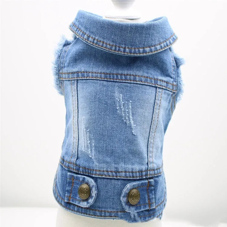 Denim dog vest with retro scratch pattern in dark and light colours for small to medium breeds