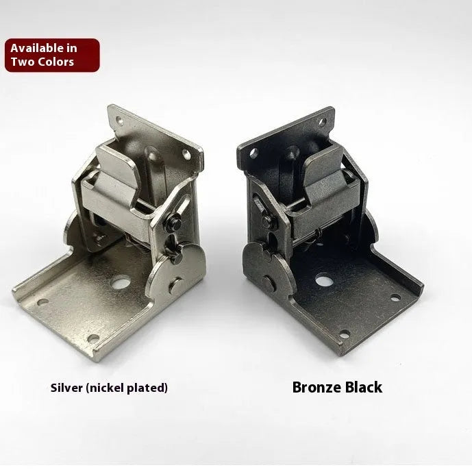 Close-up of a self-locking furniture folding hinge in an electroplated finish, set at a 90-degree angle.
