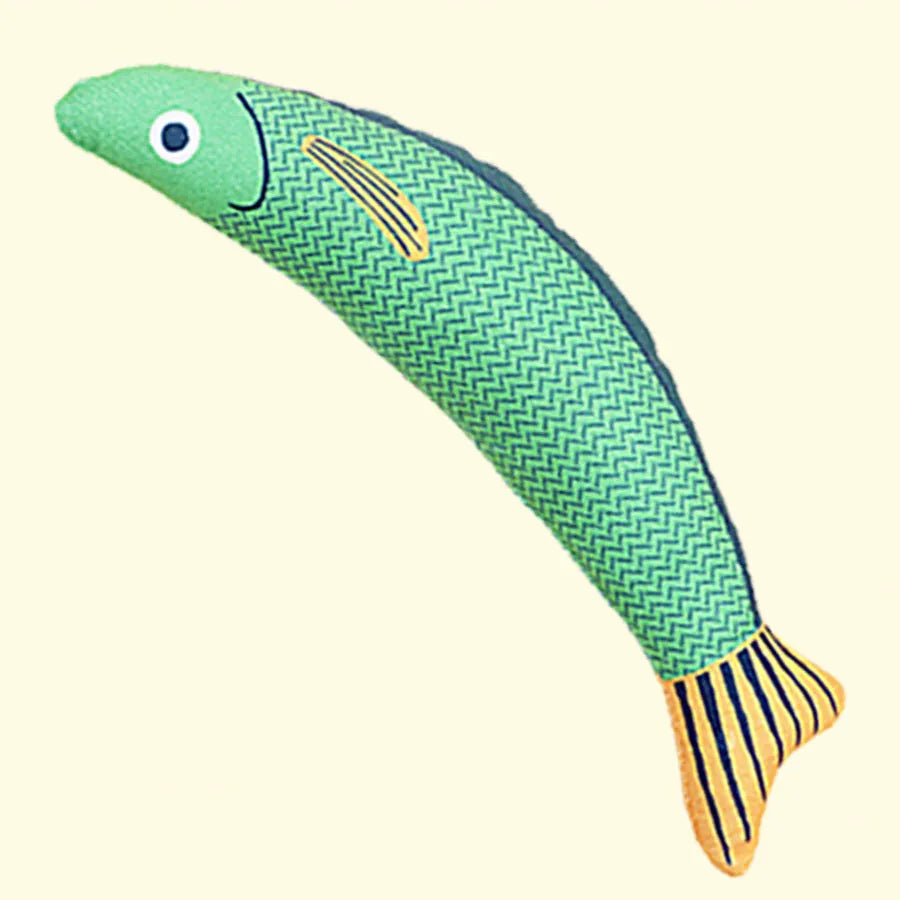 Green plush fish-shaped cat toy with organic catnip filling for kicking play
