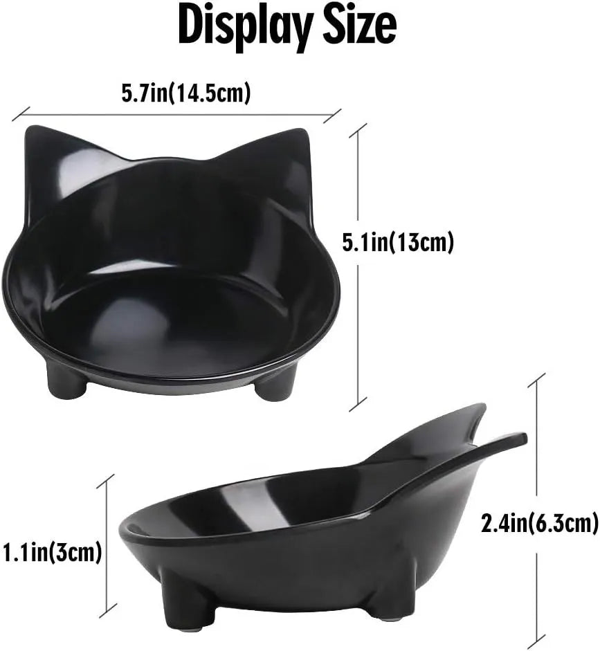 Set of four shallow black pet bowls with non-slip rubber bases for cats and small dogs
